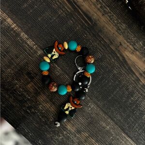 Turquoise and Black Beaded Keychain with Cowboy Charms